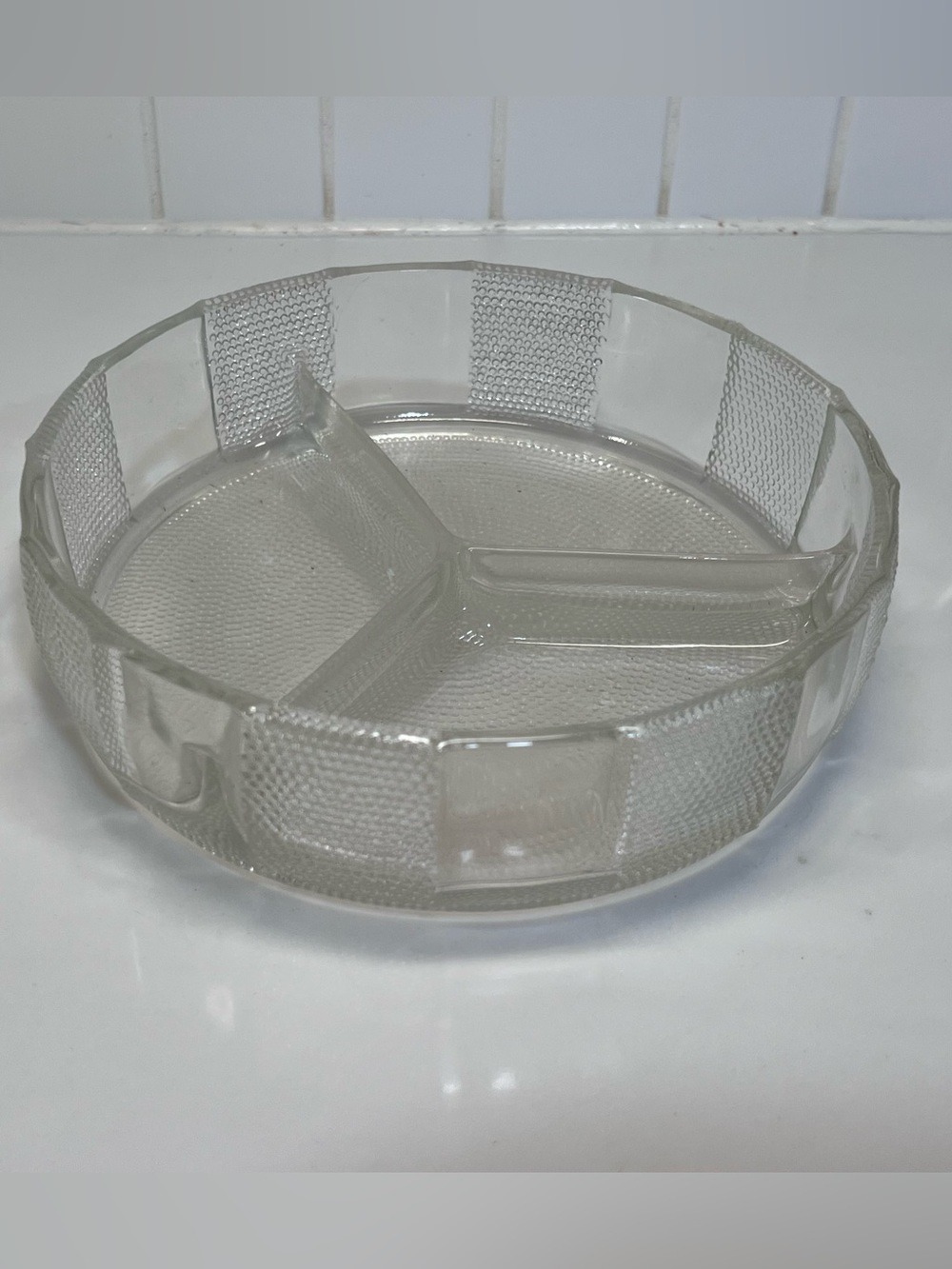 Vintage Jeanette Glass Divided Candy Nut Dish Dewdrop Clear And Frosted Stripe